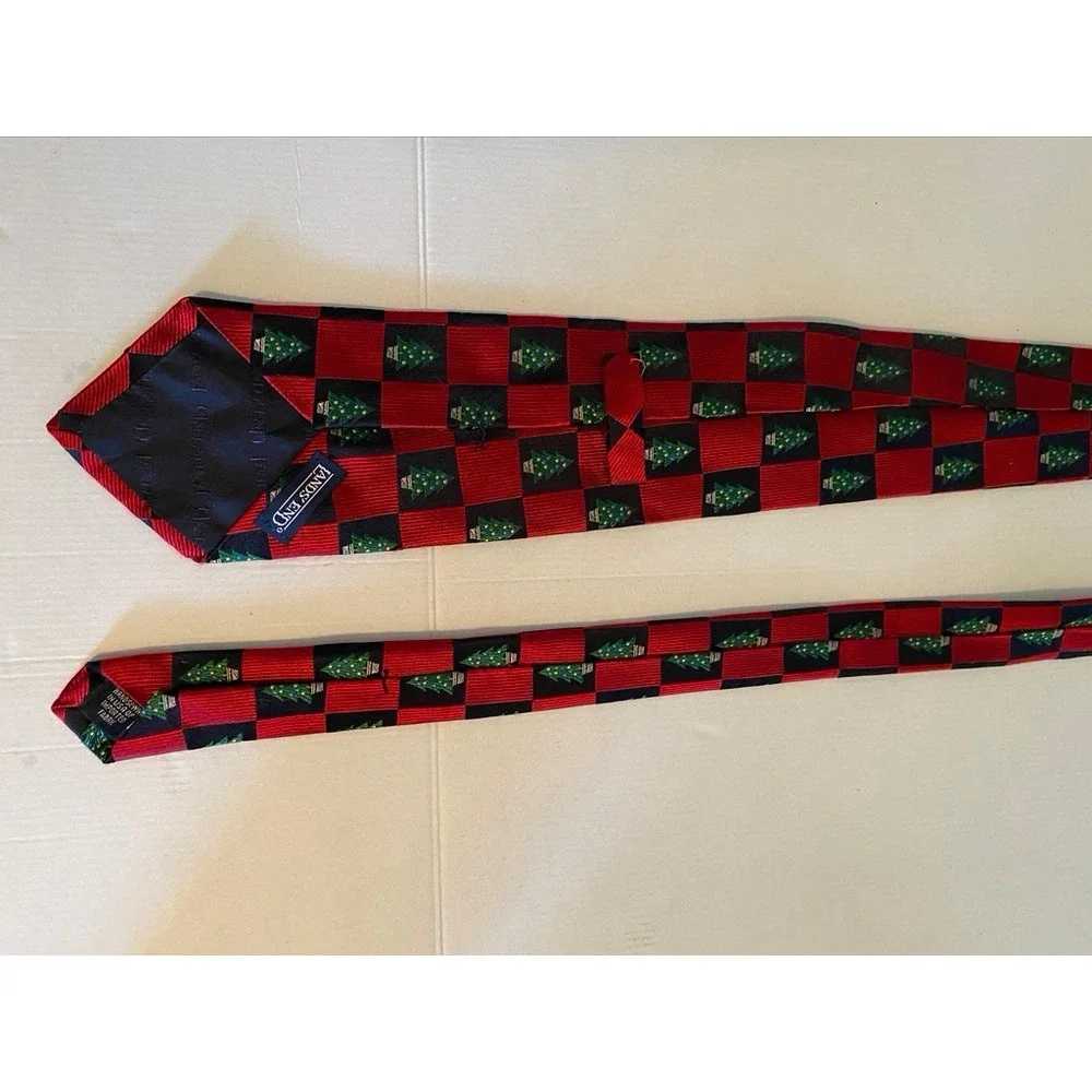 Lands End Mens Silk Christmas Tie Red Black Checkered Holiday Tree Handsewn USA